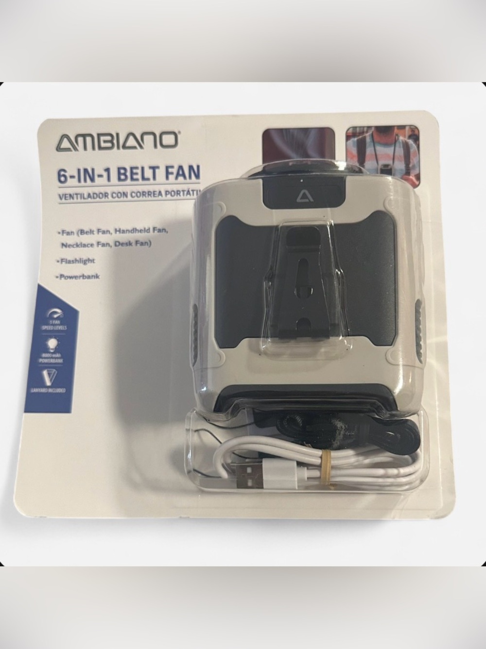 Ambiano 6-in-1 Portable Belt Fan & 8000mAh Power Bank - NIB